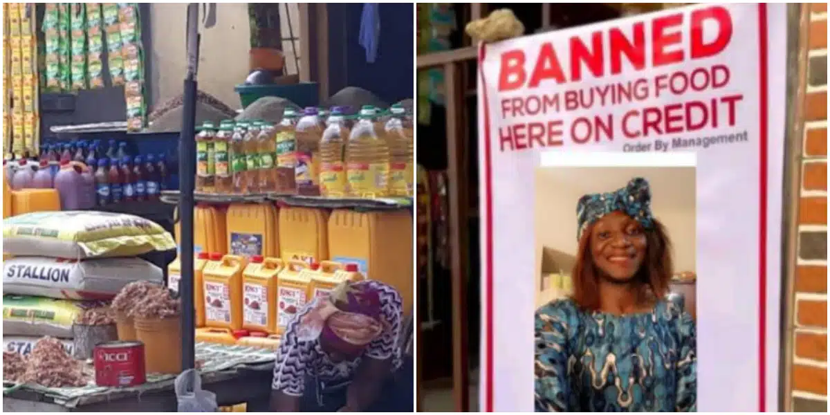 Drama as vendor prints banner of lady who allegedly bought food on credit from her, posts it in front of her shop